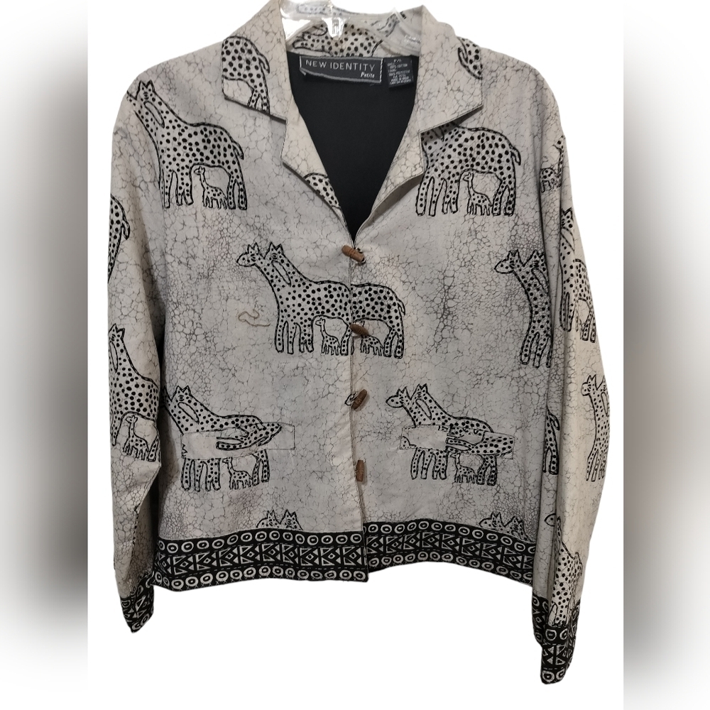 2007)New Identity Petite Giraffe Pattern Pocket Button front Cotton Jacket Sz PL